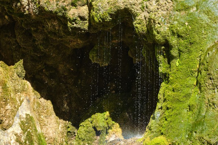 small cave in the rock full of green moss with jets of water falling ahead