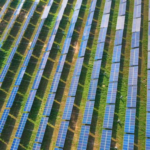 Aerial view of solar panels or solar cells on the roof in farm. Power plant with green field, renewable energy source in Thailand. Eco technology for electric power in industry.